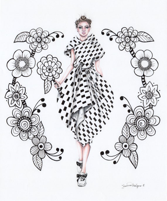 Original pencil and marker fashion illustration of a design geometric  fashion black an white art graphic wall art fashionista