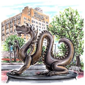 Print of pencil and marker illustration of Drexel University’s statue of their dragon mascot Mario the Magnificent Philadelphia college art