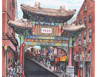 Quality art print of an original pencil and marker illustration of Philadelphia’s Chinatown friendship arch iconic philly Asian culture