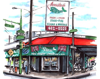 High quality art print pencil and marker illustration of Anastasia fish market at 9th and Washington Italian market Philadelphia Philly art