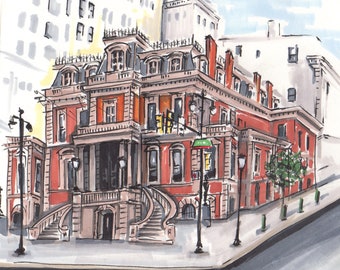 Ein hochwertiger Kunstdruck einer originalen Bleistift und Marker Illustration Philadelphia Union League einzigartige philly Architektur Galerie-Wandkunst