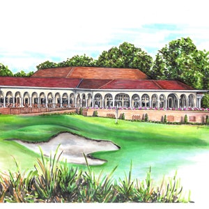 High quality art print of an original pencil and marker illustration of Pinehurst 2 hole 18 golf course golf art