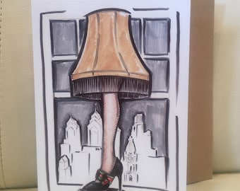 1 5x7 Christmas greeting card featuring an illustration of the iconic Leg lamp from A Christmas story movie holiday notecard blank