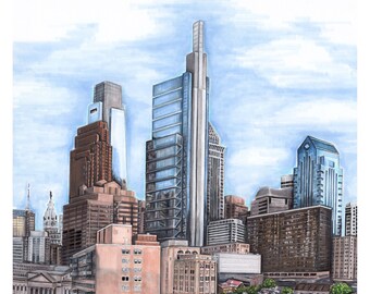 12”x12” art print of an original pencil and marker illustration of Philly skyline view from art museum area philly iconic buildings home art
