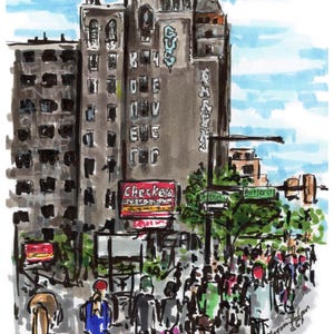 May include: An urban street scene illustration featuring a multi-story building with graffiti and a "Checkers" sign. People are walking on the sidewalk. The sky is blue with white brushstrokes.