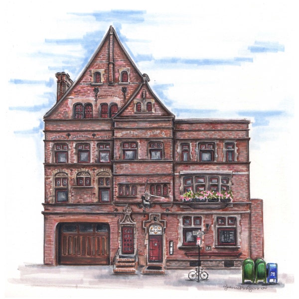 high quality art print of a pencil and marker illustration of philadelphia's beautiful black sheep pub Philly architecture wall art unique