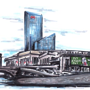 May include: A hand-drawn illustration of a city skyline with a tall building with the letters "PNC" on the side. The building is in front of a large building with a sign that says "FLY EAGLES FLY" and a green and white logo with the word "Life" on it.
