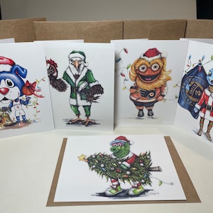 Pack de 5 cartes de Noël de mascottes sportives de Philly 1 swoop 1 Phanatic 1 graveleux 1 Franklin et 1 phang Cartes d’art de vacances sportives de Philadelphie