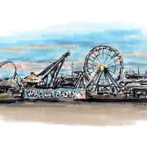 May include: Watercolor illustration of a seaside amusement park with a Ferris wheel, roller coaster, and other attractions. The words "WATERPARKS" are visible. The sky is painted with blue and peach hues.