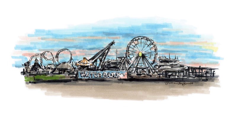 May include: Watercolor illustration of a seaside amusement park with a Ferris wheel, roller coaster, and other attractions. The words "WATERPARKS" are visible. The sky is painted with blue and peach hues.