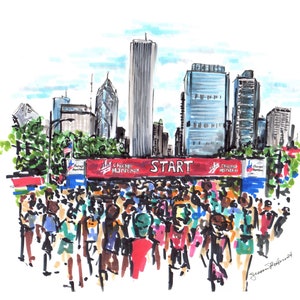 Druck der Markierungsillustration der Chicago-Marathon-Startlinie und Skyline der 26.2-Läuferkunst vom Center Grant Park Two Prudentielle Plaza Chi