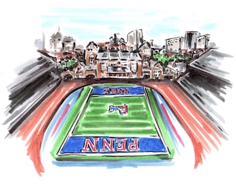 Peut inclure: Une illustration dessinée à la main d'un terrain de football avec les mots "Penn" sur les lignes de but. Le terrain est entouré d'un stade avec une vue de la ville en arrière-plan.