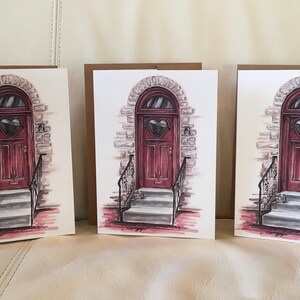 Pacote de 3 cartões de dia dos namorados da Filadélfia de 5"x7" com ilustração original a lápis e marcador de uma porta vermelha exclusiva com vidro em formato de coração