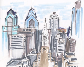 8”x8” high quality art print of an original pencil and marker illustration of Philadelphia’s iconic buildings skyline Philly architecture