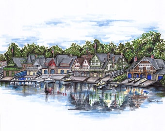 May include: A watercolor painting of a row of colorful boathouses along a river. The boathouses have gabled roofs and are painted in shades of red, green, blue, and brown. There are boats docked in front of the boathouses, and the water is reflecting the colors of the buildings.
