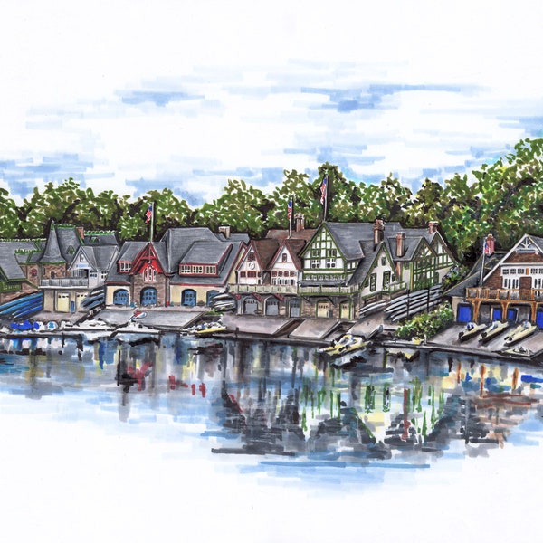 High quality art print of original pencil and marker illustration iconic philadelphia boathouse row famous Philly wall art phillly rows runs