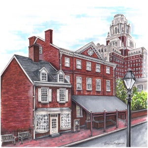 May include: A watercolour painting of a red brick building with a white awning and a street lamp. The building has a bay window and a sign that says "The Old City Hall".