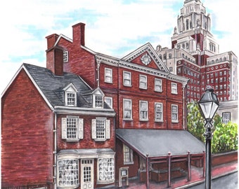 High quality art print of an original pencil and marker illustration of a Philadelphia iconic old city tavern old city philly gallery wall