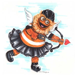 Um cartão de Dia dos Namorados do Cupido do mascote philly de 4"x6" para qualquer fã de esportes ou fã corajoso Philadelphia flyers cartão de arte de fã laranja
