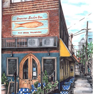 Art print of a pencil marker illustration of Philly’s Sardine bar in point Breeze favorite Philly neighborhood spot unique city illustration