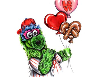 Pack of 3 greeting cards of Philadelphia’s favorite baseball mascot Phillies Phanatic holding love balloons and a Philly pretzel balloon