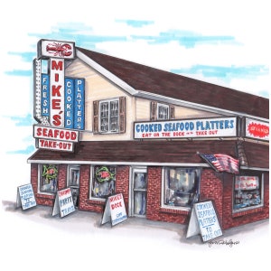 High quality art print of an original pencil and marker illustration of Mike’s Seafood in sea Isle City Jersey shore iconic seafood art