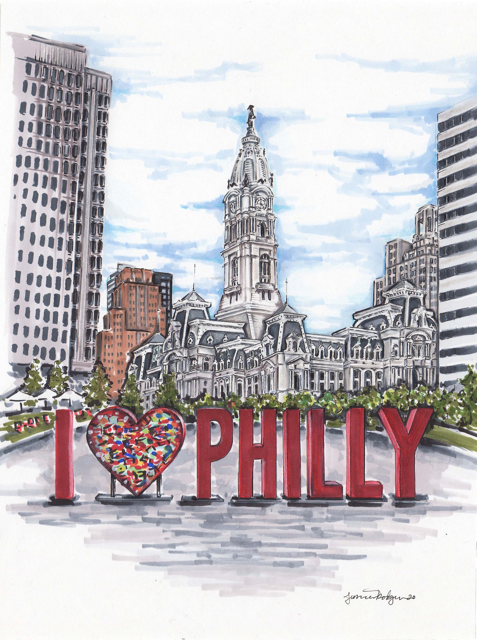 High quality art print of an original pencil and marker illustration of Philadelphia’s love park and I love philly sign philly wall art - 8”x10” inches