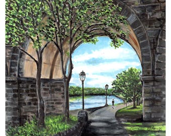 May include: Watercolor painting of a park scene viewed through a stone archway. The artwork features a path, trees, a body of water, and a person walking. The sky is blue with clouds. The artist's signature is in the lower right corner.