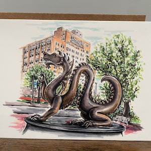 Tarjeta de felicitación de 1 5”x7” con la estatua del dragón de la Universidad de Drexel, mascota Mario, graduado de Drexel
