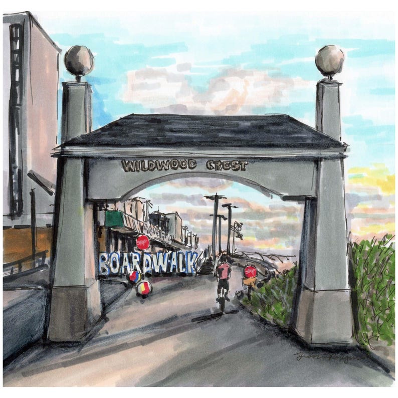 May include: Watercolor painting of the Wildwood Crest entrance archway with the word "BOARDWALK" in large letters. A person rides a bicycle through the archway. The sky is a mix of blue, yellow, and orange.
