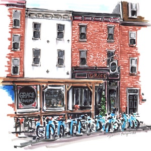 May include: A hand-drawn illustration of a brick building with a sign that reads "Grace Tavern". The building has a white facade with black windows and a brown awning. There are blue bicycles parked in front of the building.