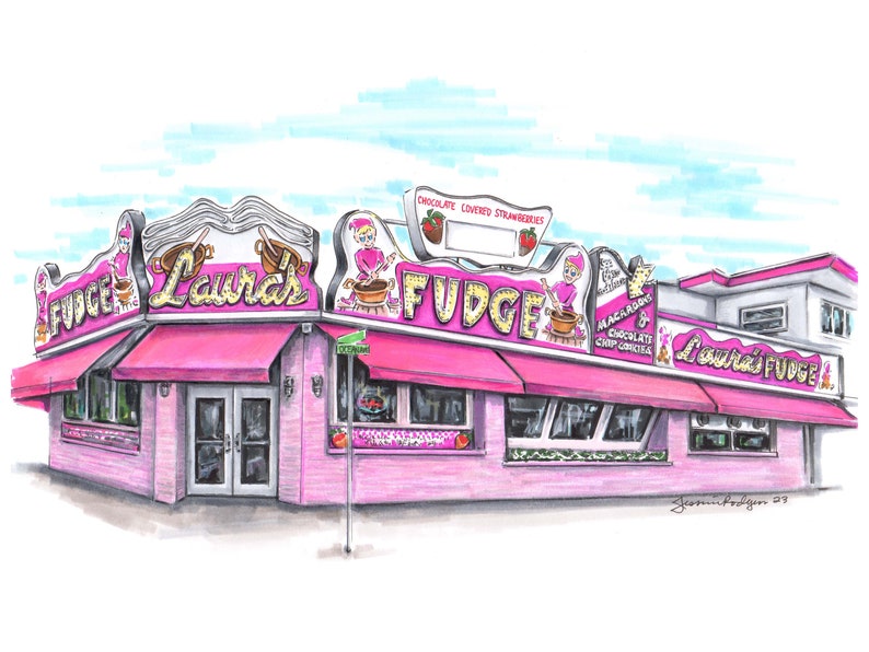 May include: A pink building with a sign that says "Laura's Fudge" and a variety of fudge flavors listed. The building has a pink awning and a large window.