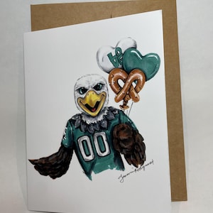 1 tarjeta con una ilustración del globo de amor Swoop de Filadelfia Tarjeta del Día de San Valentín con las águilas, mascota de Filadelfia y fanático de los deportes