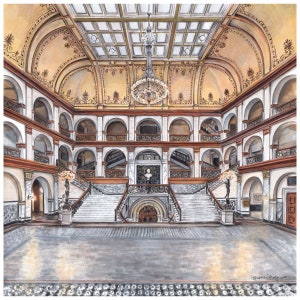 May include: A watercolor painting of a grand, ornate interior with a large, domed ceiling and a chandelier hanging from the center. The room features a grand staircase with marble steps and wrought iron railings. The walls are adorned with intricate details and the floor is tiled.