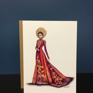 4 pack of greeting cards featuring an illustration of a traditional Vietnamese ao dai red ao dai with yellow flowers Vietnamese fashion