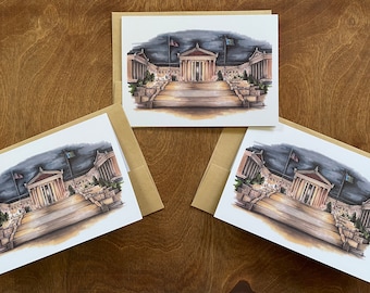 Pack of 3 5”x7” greeting card featuring an original illustration of the Philadelphia art museum at night Philly rocky steps engagement art