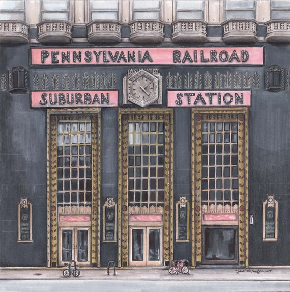 High quality art print of Philly’s Art Deco suburban station Philadelphia gallery wall art mini philly pencil and marker illustration