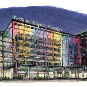 May include: A watercolor illustration of The Children's Hospital of Philadelphia building at night. The facade features a grid of structural beams illuminated in vibrant rainbow colors against a dark blue sky, with the hospital name clearly visible.