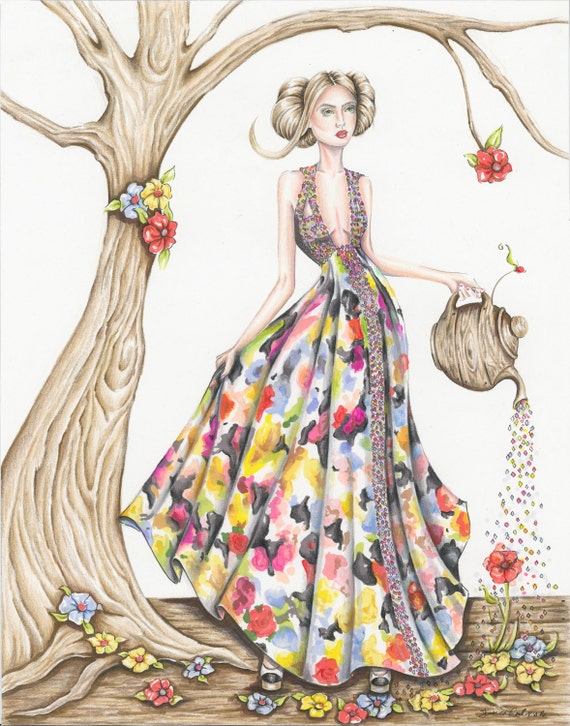 Fashion Illustration Print of a Chanel Gown. Art Print of Fashion. Floral Art Print Pencil Illustration Art Print. Wall Decor Floral Dress Etsy
