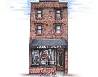 High quality art print of an original pencil and marker illustration of Philly’s iconic Angelo’s pizzeria best pizza in Philadelphia art