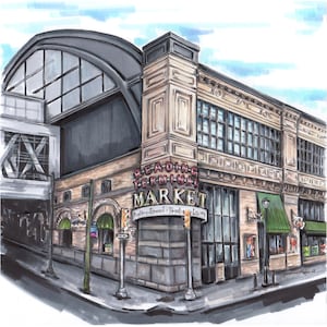 Puede incluir: Una ilustración de acuarela del Reading Terminal Market en Filadelfia, Pensilvania. El edificio es una mezcla de ladrillo y piedra con una gran ventana arqueada y un letrero que dice "Reading Terminal Market".