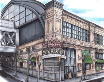 Impression artistique de haute qualité d’un crayon original et d’une illustration de marqueur du marché reading terminal de Philadelphie, le marché le plus ancien et le plus grand