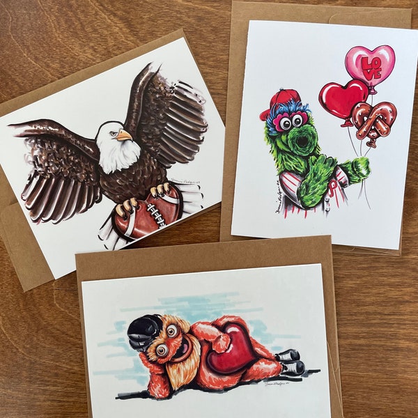 Pack of 3 assorted Philly mascot Valentine’s Day greeting cards 1 gritty heart card 1 eagles heart card 1 Phanatic balloon Philly sport fan