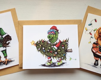 Pack of 3 Philadelphia sports fan Christmas cards 1 gritty 1 Phanatic 1 Eagles illustrated card each card is blank inside philly sports fan