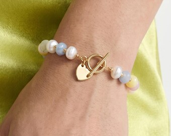Colorful Gemstone & Pearl Bracelet Gold Heart Charm Toggle Jewelry Gift for Her