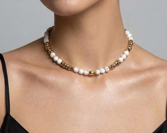 Dainty Choker Collar Howlite Hematite Necklace Minimalist Trendy Jewelry Gift