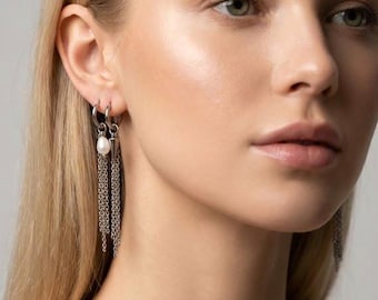 Asymmetrical Earrings Pearl and Spike Chain Fringe Stainless Steel Huggie Hoops