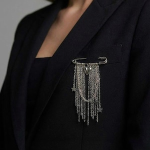 Safety Pin Brooch with Chains and Charms, Gothic Style
