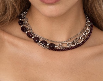 Layered Garnet Necklace, Burgundy Gothic Choker, Stainless Steel Chain Jewelry Gift