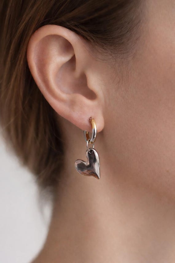 Mixed Metal Earrings Chrome Heart Pendant Stainless Steel Huggie Hoops Two Tone Jewelry Gift